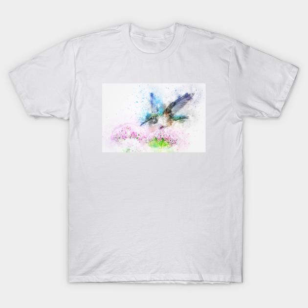 Flying hummingbird with pink flower T-Shirt by Montanescu